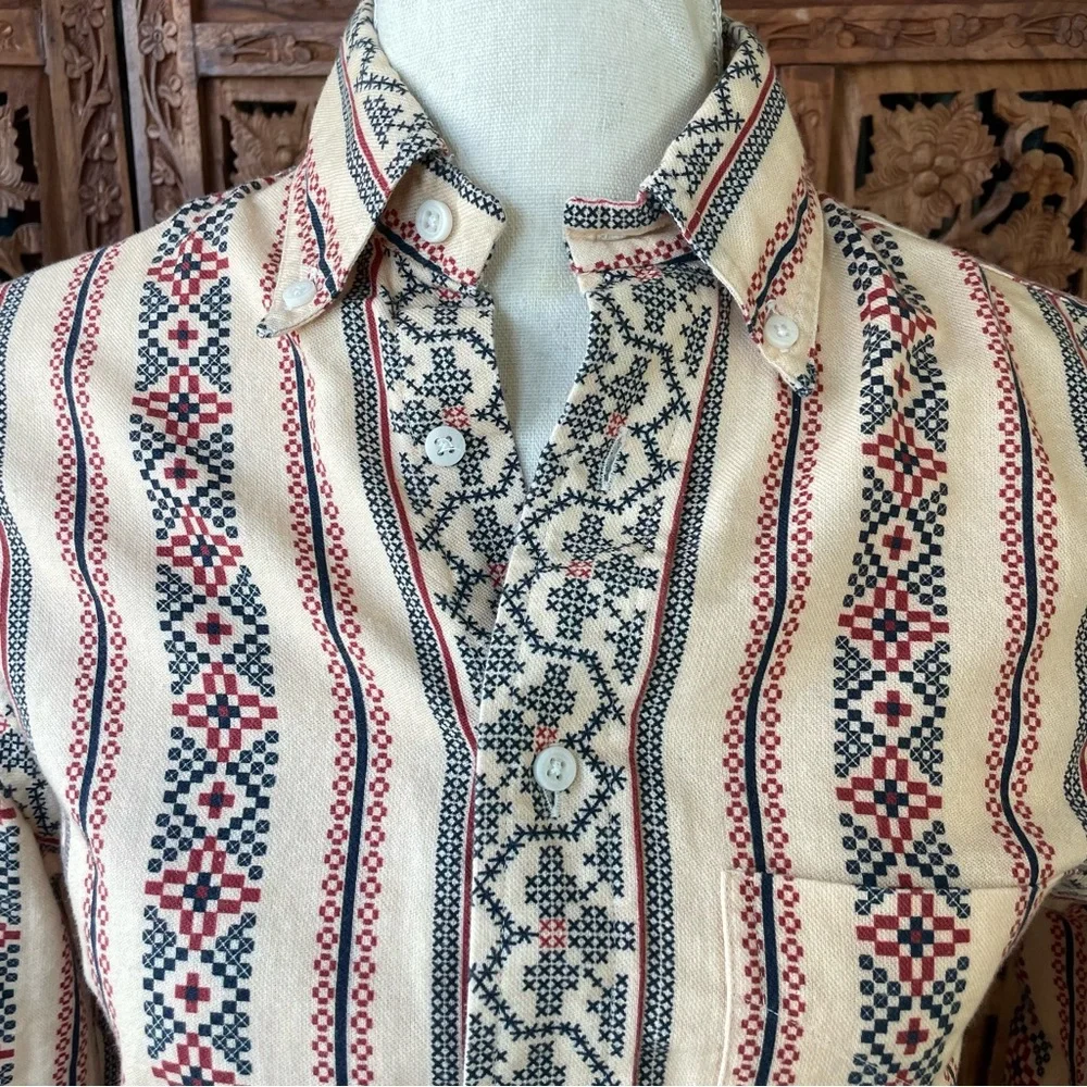 Gitman Bros Vintage Cream Button-Up Shirt with western cross stitch print - Picture 7 of 16